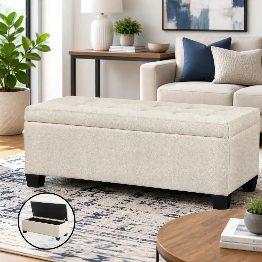Storage Ottoman for Bedroom Living Room 97cm Beige Lift-Up Lid
