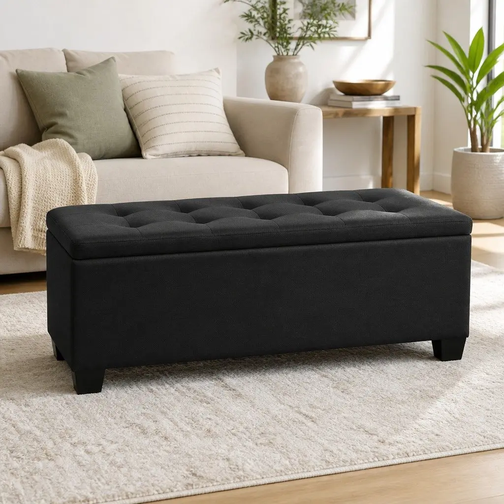 97cm Storage Ottoman in Black Linen