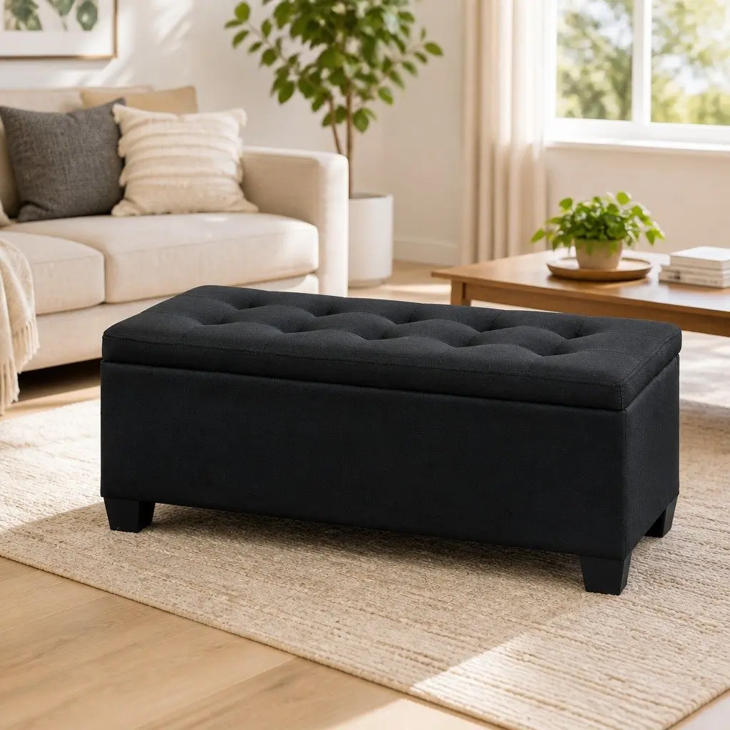 Storage Ottoman for Living Room 97cm Lift-Up Lid Black Linen Footstool