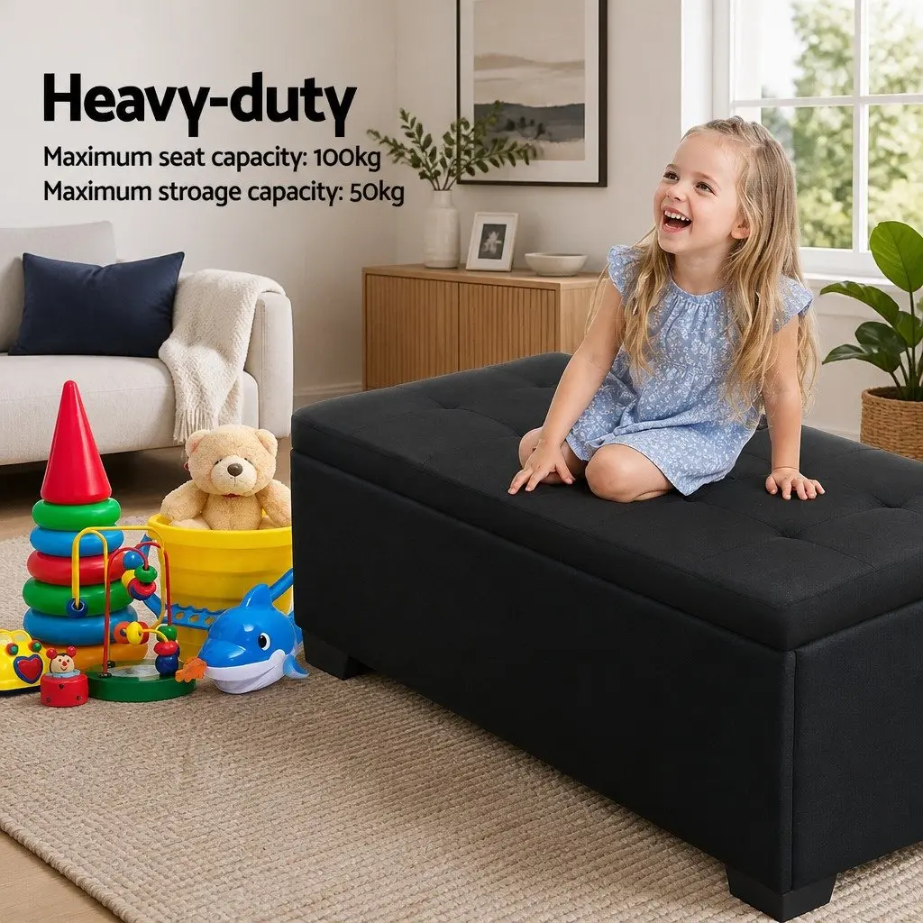 Storage Ottoman for Living Room 97cm Lift-Up Lid Black Linen Footstool