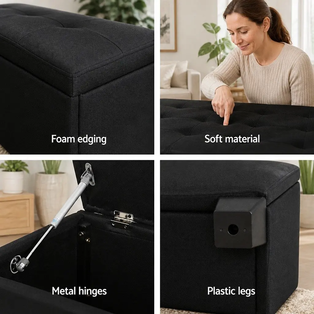 Storage Ottoman for Living Room 97cm Lift-Up Lid Black Linen Footstool