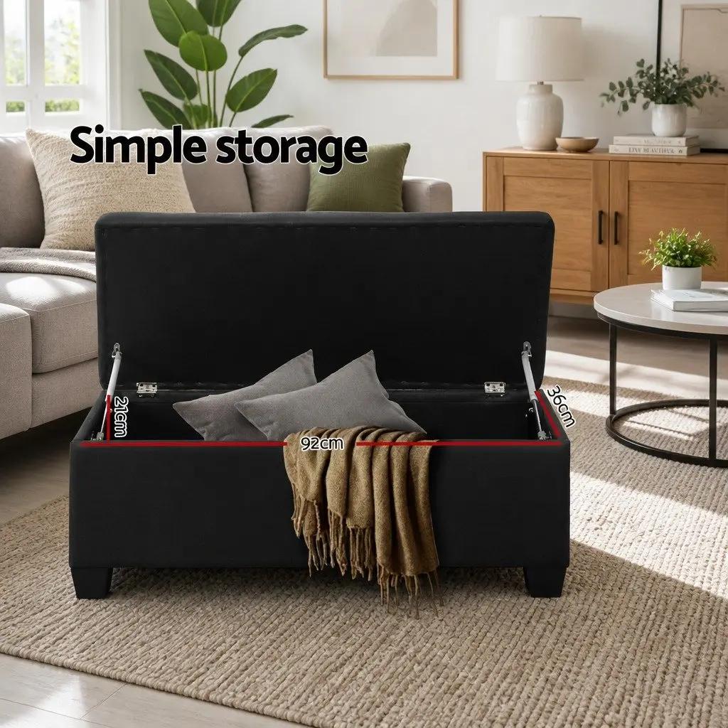 Storage Ottoman for Living Room 97cm Lift-Up Lid Black Linen Footstool