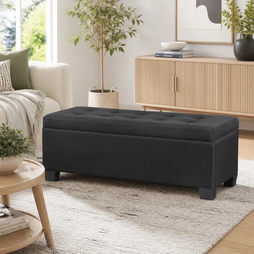 Storage Ottoman for Living Room 97cm Lift-Up Lid Black Linen Footstool