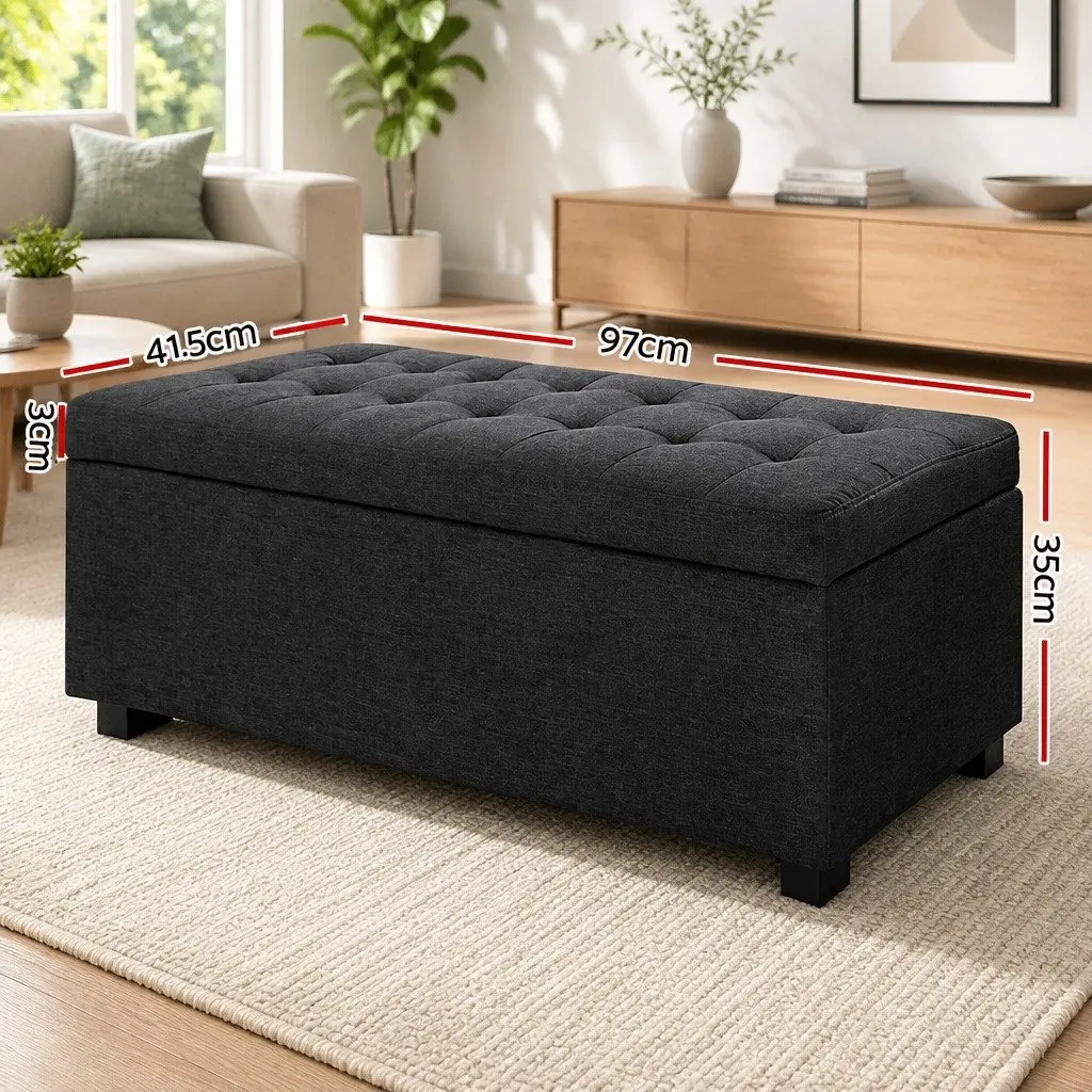 Storage Ottoman Living Room 97cm Charcoal Faux Linen Lift-Up Lid