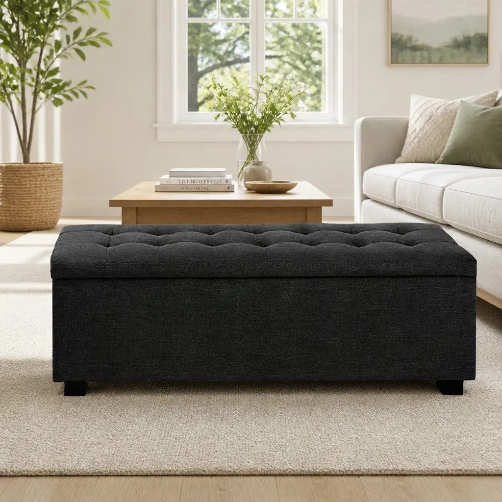 Storage Ottoman Living Room 97cm Charcoal Faux Linen Lift-Up Lid