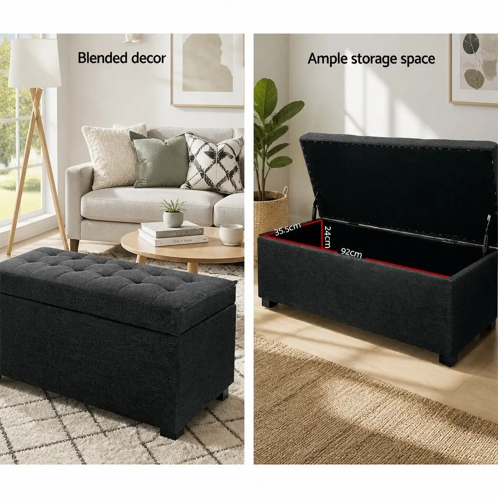 Storage Ottoman Living Room 97cm Charcoal Faux Linen Lift-Up Lid