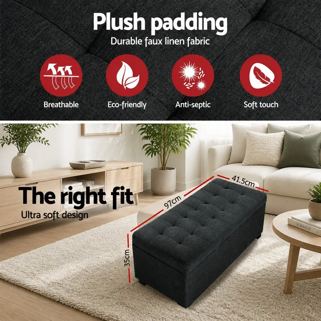 Storage Ottoman Living Room 97cm Charcoal Faux Linen Lift-Up Lid