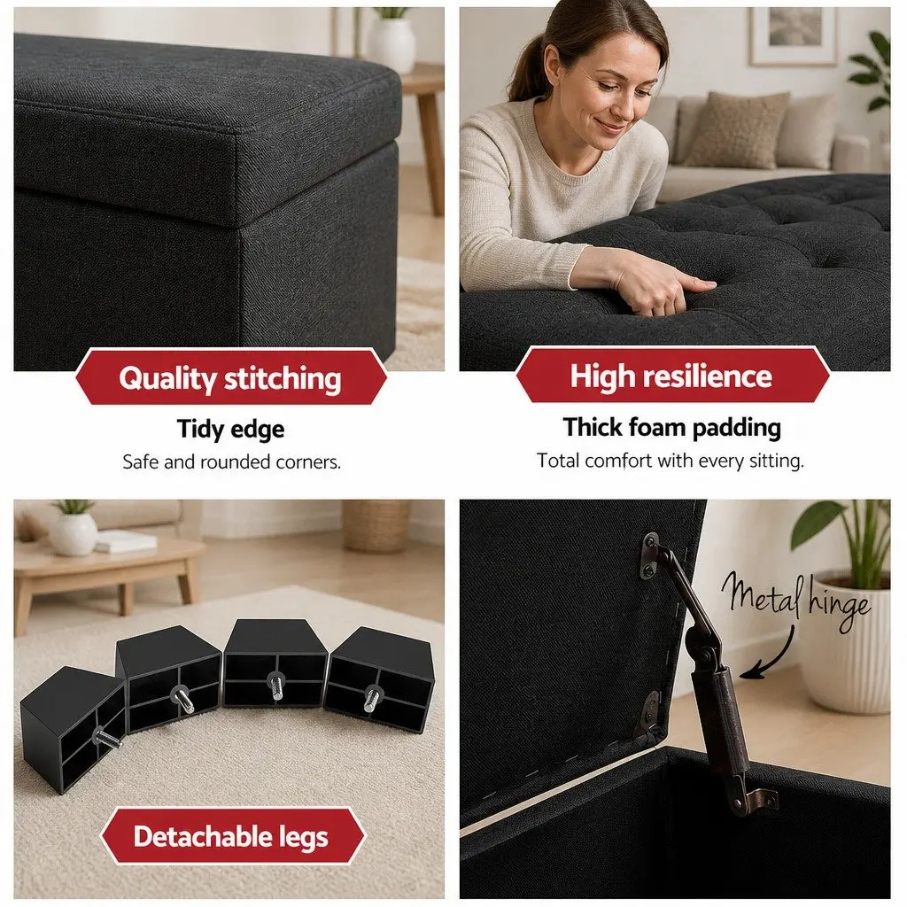 Storage Ottoman Living Room 97cm Charcoal Faux Linen Lift-Up Lid