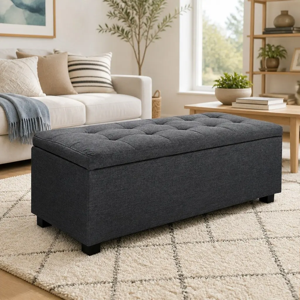 Storage Ottoman Living Room 97cm Charcoal Faux Linen Lift-Up Lid
