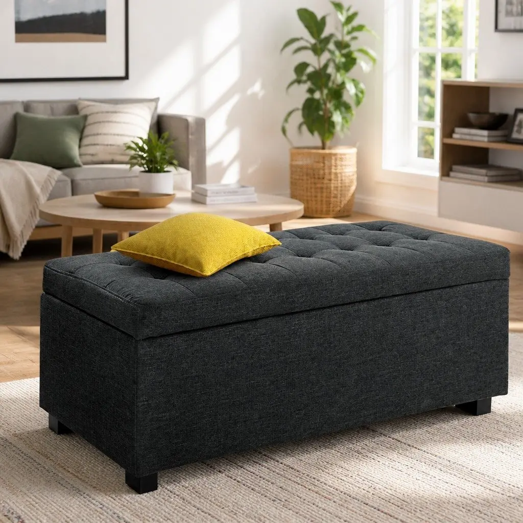 Storage Ottoman Living Room 97cm Charcoal Faux Linen Lift-Up Lid