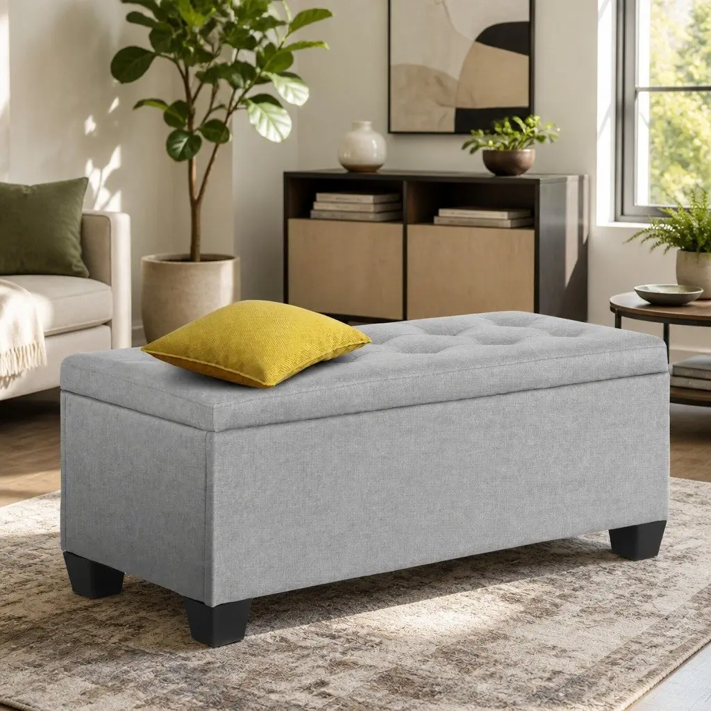 Storage Ottoman Lounge 97cm Light Grey Linen
