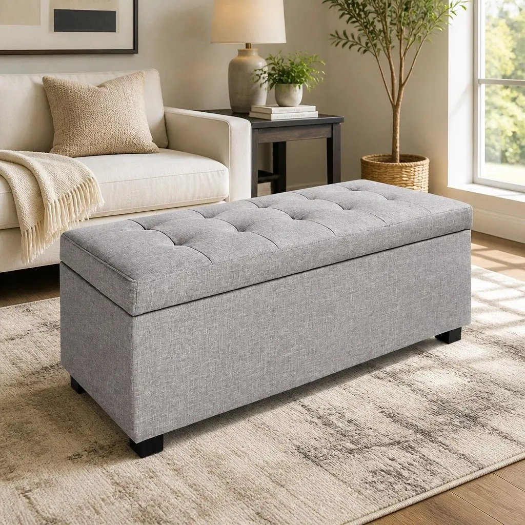 Storage Ottoman Lounge 97cm Light Grey Linen