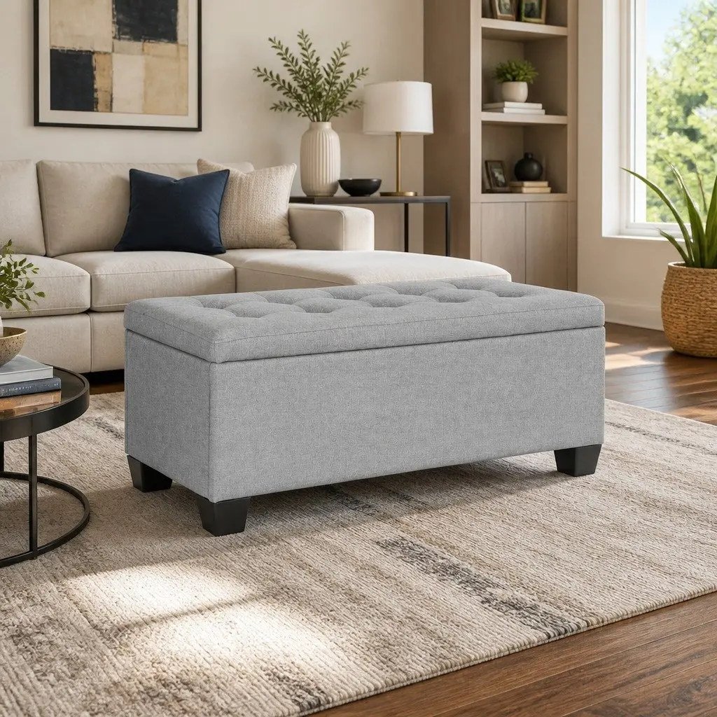 Storage Ottoman Lounge 97cm Light Grey Linen