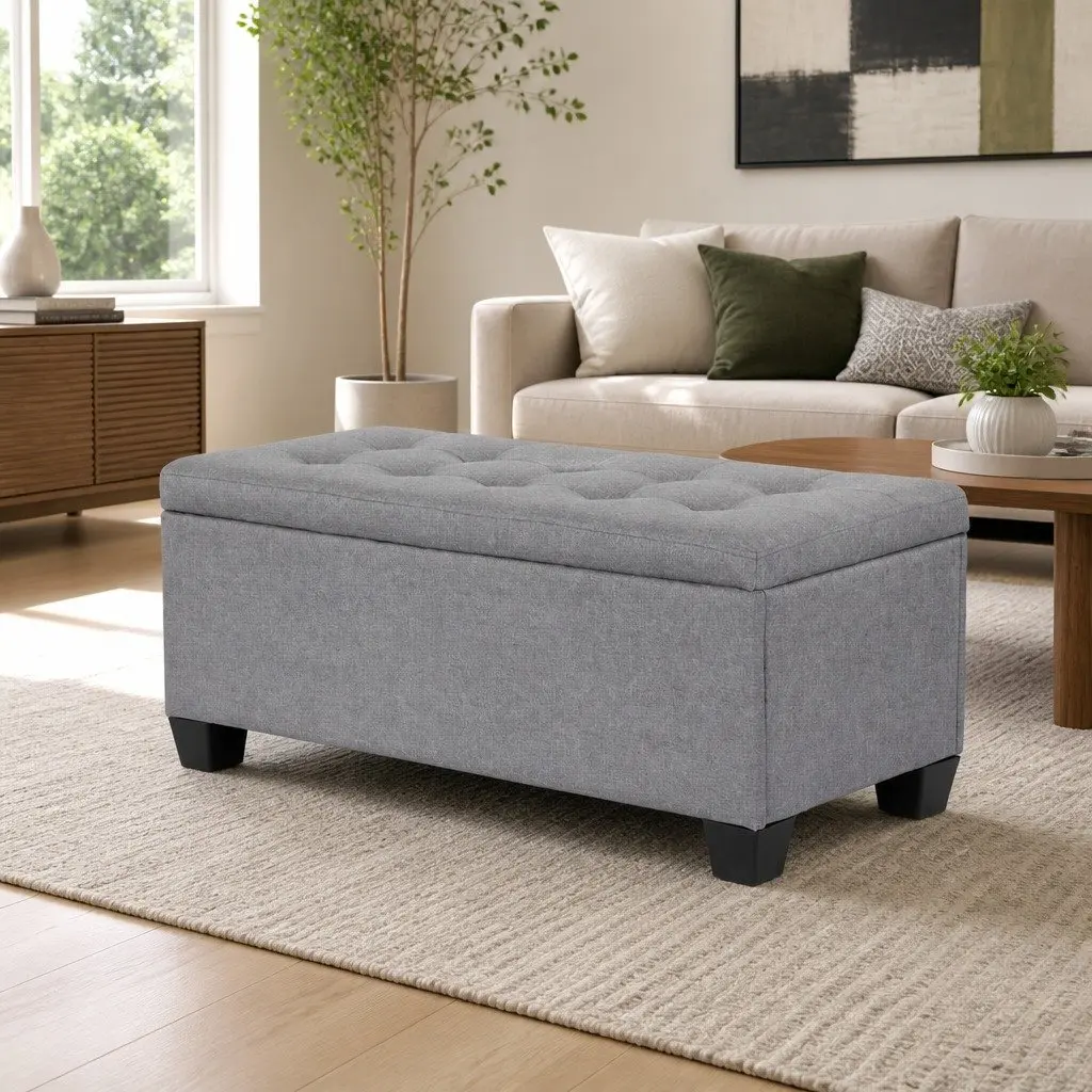 Storage Ottoman Blanket Box 97cm Grey Linen Lift-Up Lid Footrest Furniture