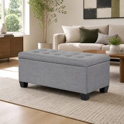 Grey Linen Storage Ottoman - Dimensions: 97 x 41.5 x 37cm