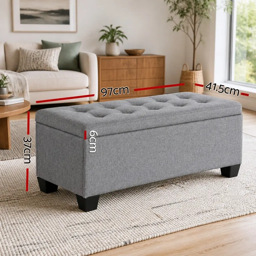Storage Ottoman Blanket Box 97cm Grey Linen Lift-Up Lid Footrest Furniture
