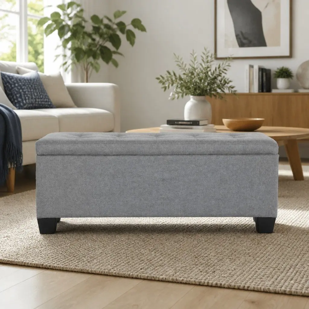 Storage Ottoman Blanket Box 97cm Grey Linen Lift-Up Lid Footrest Furniture