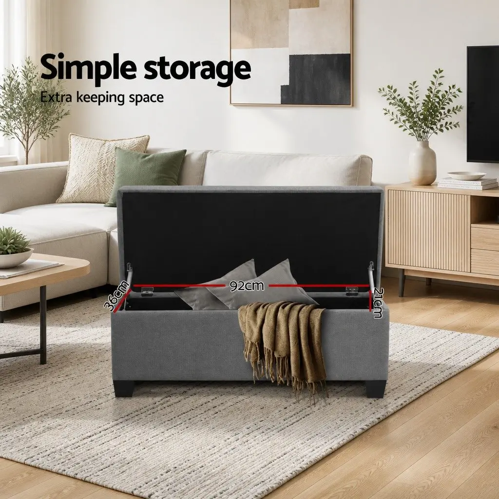 Storage Ottoman Blanket Box 97cm Grey Linen Lift-Up Lid Footrest Furniture