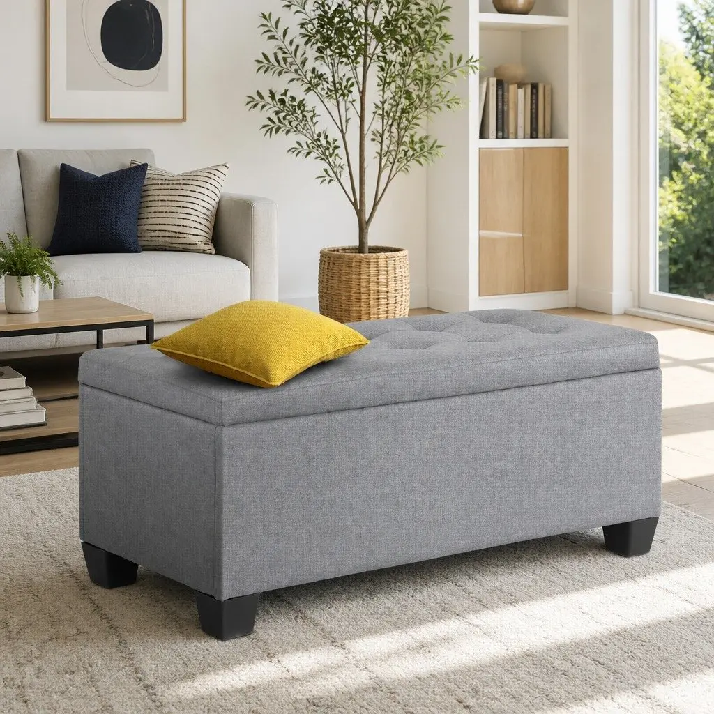 Storage Ottoman Blanket Box 97cm Grey Linen Lift-Up Lid Footrest Furniture