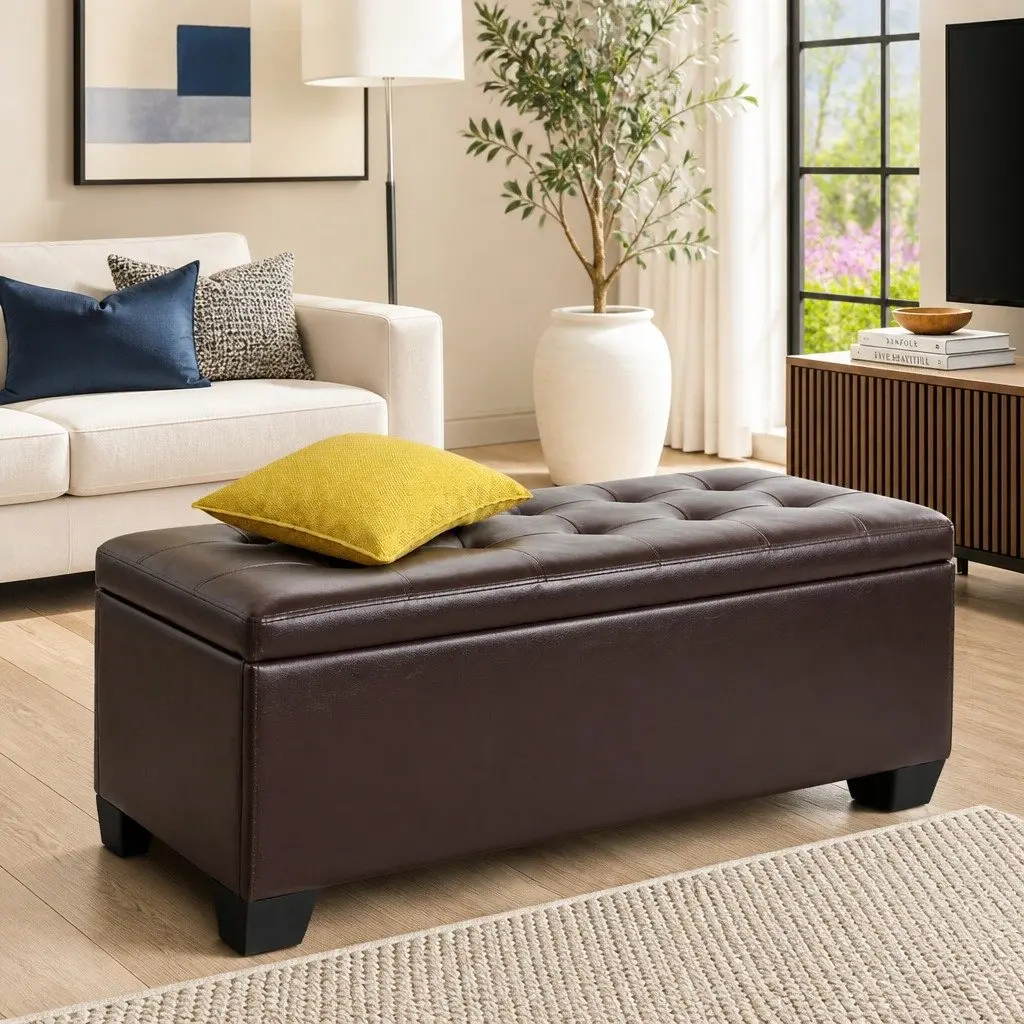 Brown Faux Leather Storage Ottoman, 97 x 41.5 x 37cm