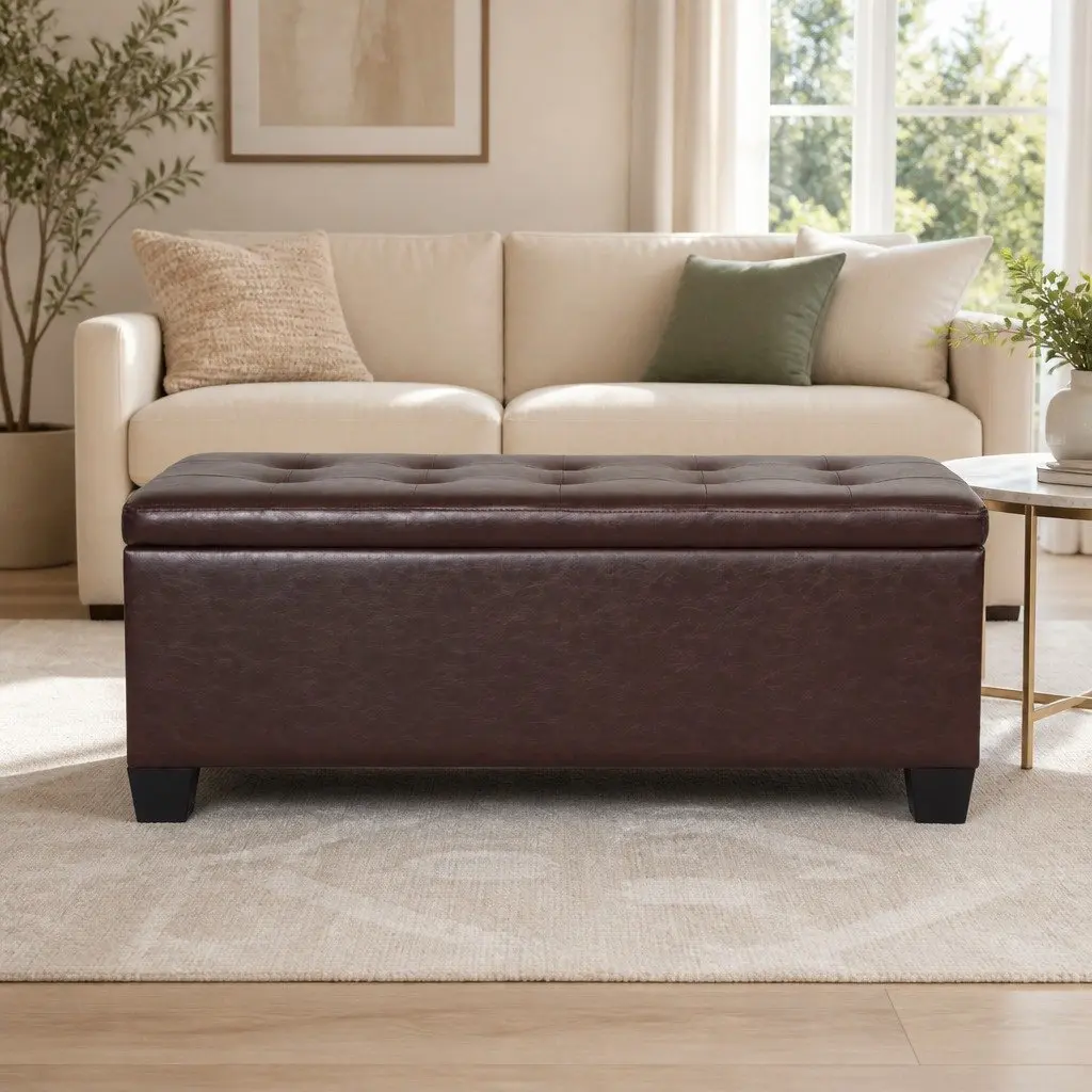 Storage Ottoman Living Room 97cm Brown Faux Leather Lift-Up Lid