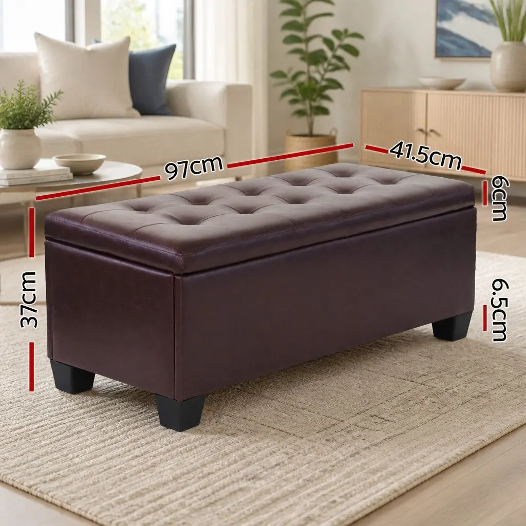 Storage Ottoman Living Room 97cm Brown Faux Leather Lift-Up Lid