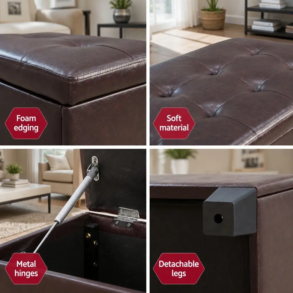 Storage Ottoman Living Room 97cm Brown Faux Leather Lift-Up Lid