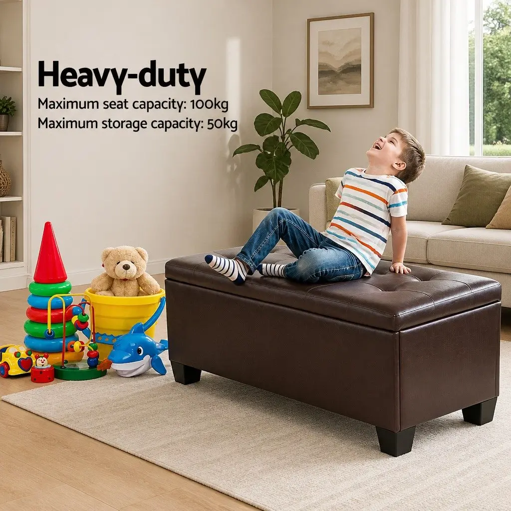 Storage Ottoman Living Room 97cm Brown Faux Leather Lift-Up Lid