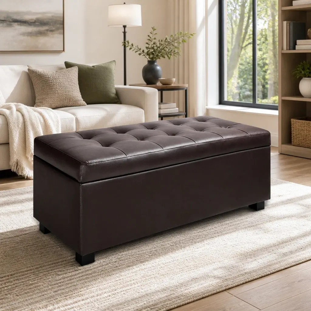 Storage Ottoman Living Room 97cm Brown Faux Leather Lift-Up Lid