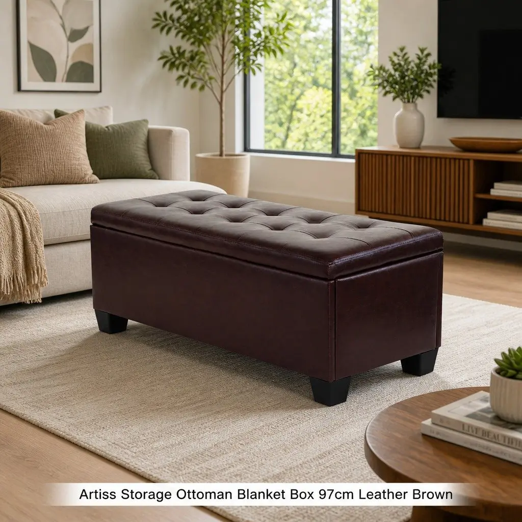 Storage Ottoman Living Room 97cm Brown Faux Leather Lift-Up Lid