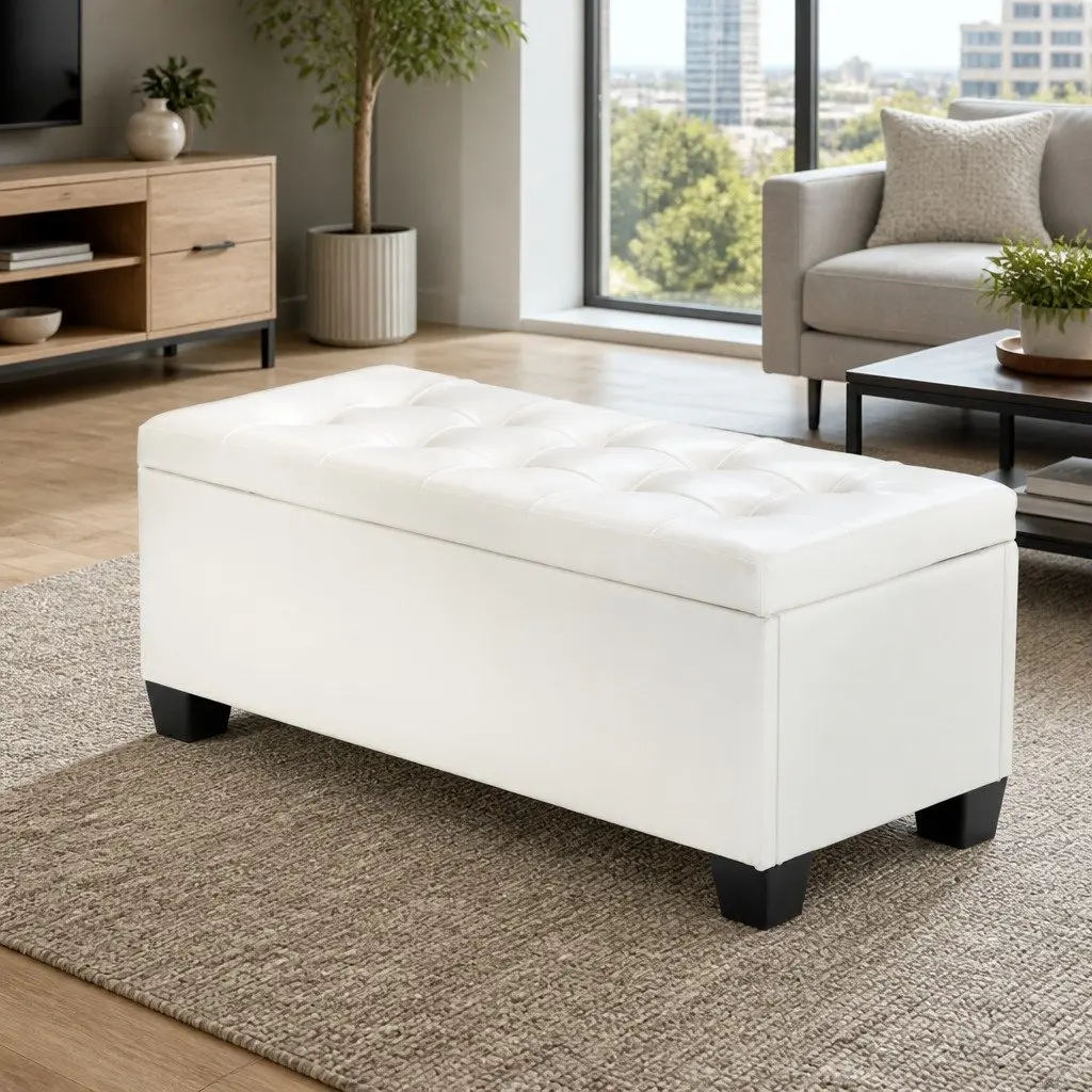 Storage Ottoman Living Room 97cm White Faux Leather Lift-Up Lid Footstool