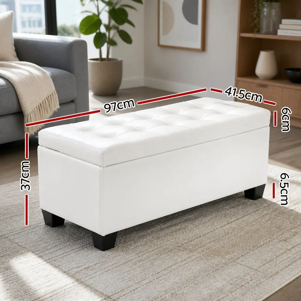 Storage Ottoman Living Room 97cm White Faux Leather Lift-Up Lid Footstool