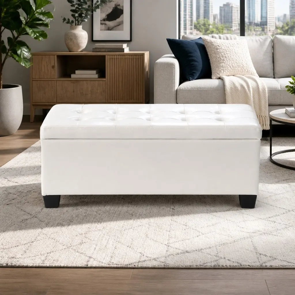 Storage Ottoman Living Room 97cm White Faux Leather Lift-Up Lid Footstool