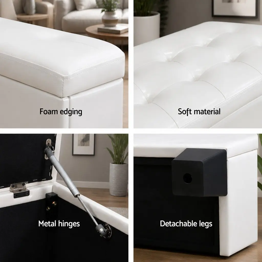 Storage Ottoman Living Room 97cm White Faux Leather Lift-Up Lid Footstool