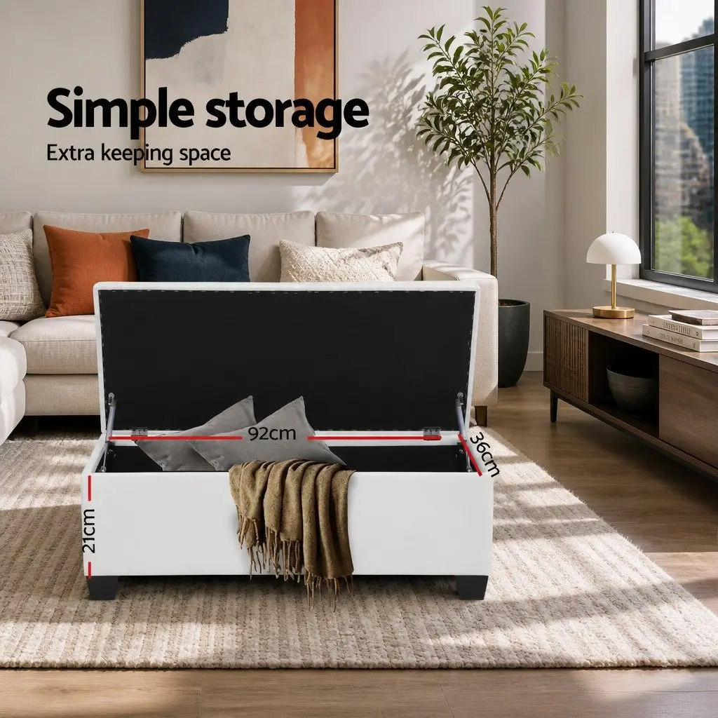 Storage Ottoman Living Room 97cm White Faux Leather Lift-Up Lid Footstool