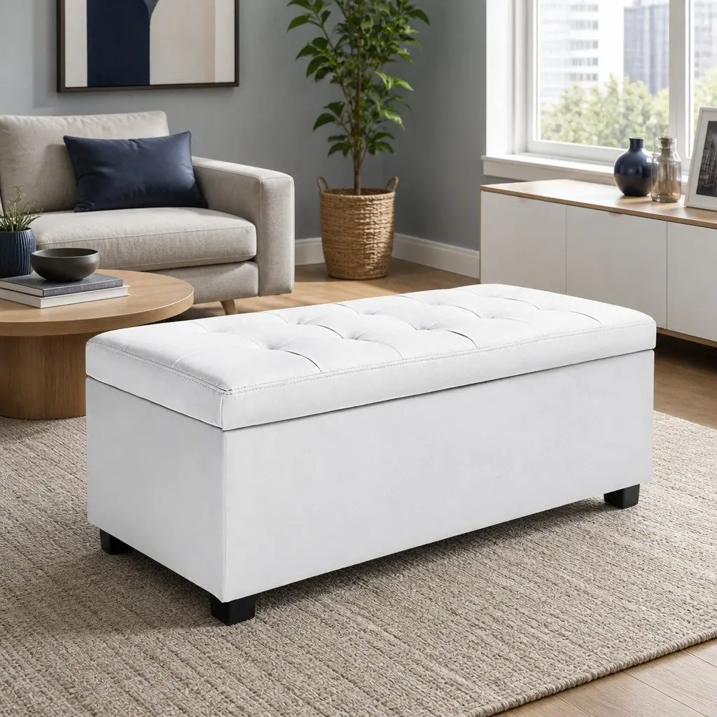 Storage Ottoman Living Room 97cm White Faux Leather Lift-Up Lid Footstool
