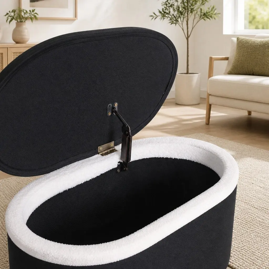 87cm Oval Boucle Storage Ottoman with Plywood Frame