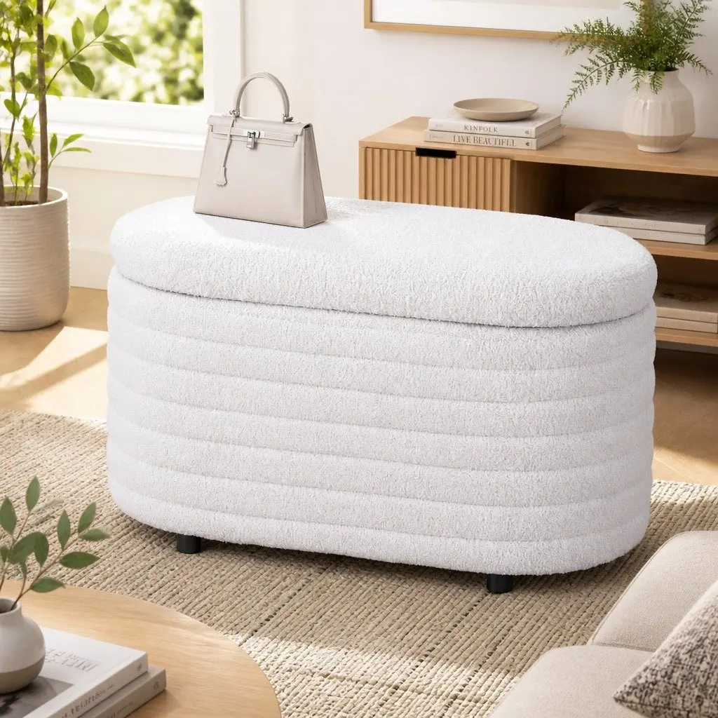 Storage Ottoman Living Room 87cm Oval Boucle Upholstered Hinged Lid Footstool