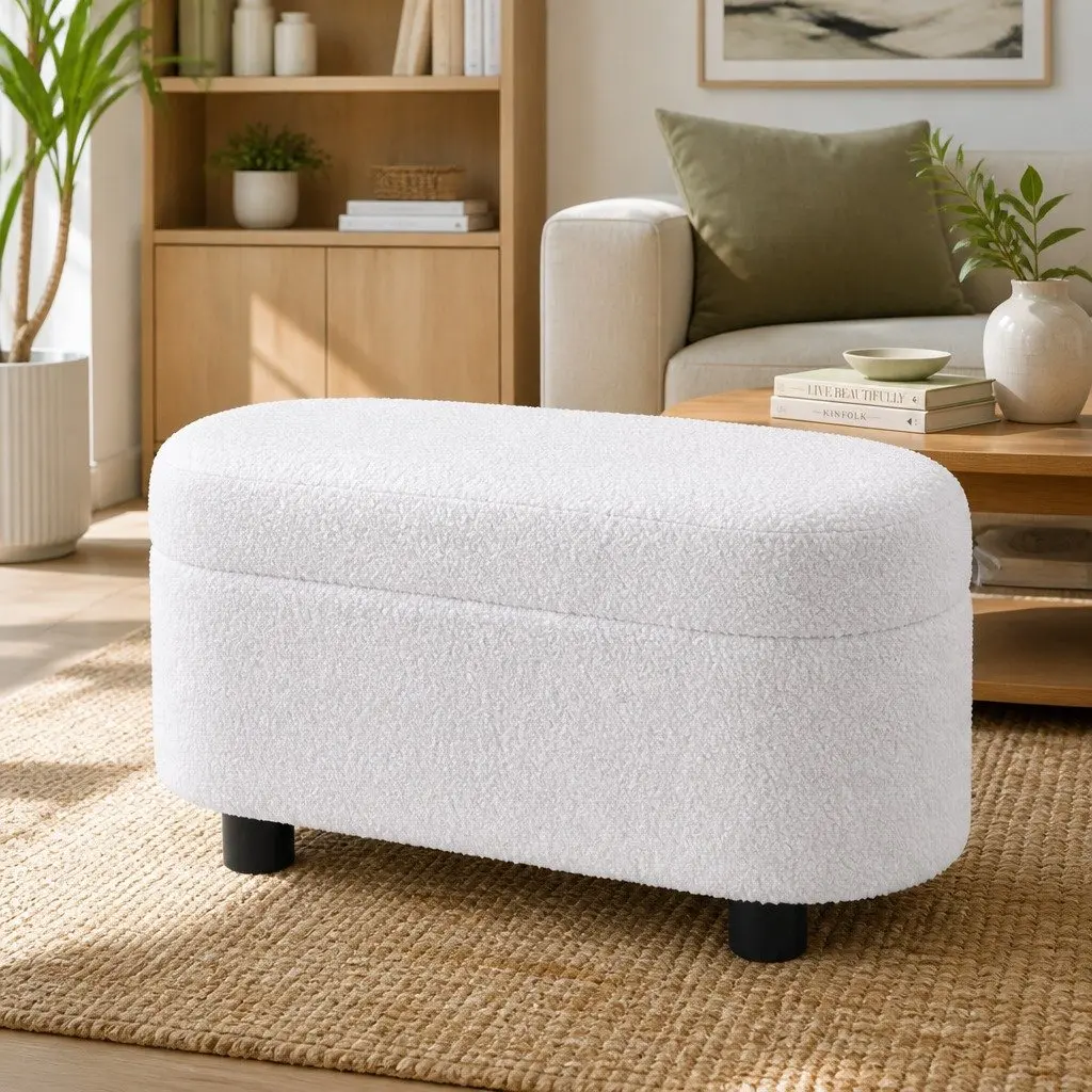 Storage Ottoman Living Room 87cm Oval Boucle Upholstered Hinged Lid Footstool