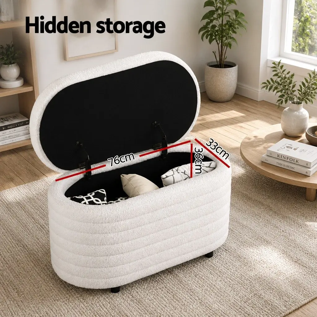 Storage Ottoman Living Room 87cm Oval Boucle Upholstered Hinged Lid Footstool