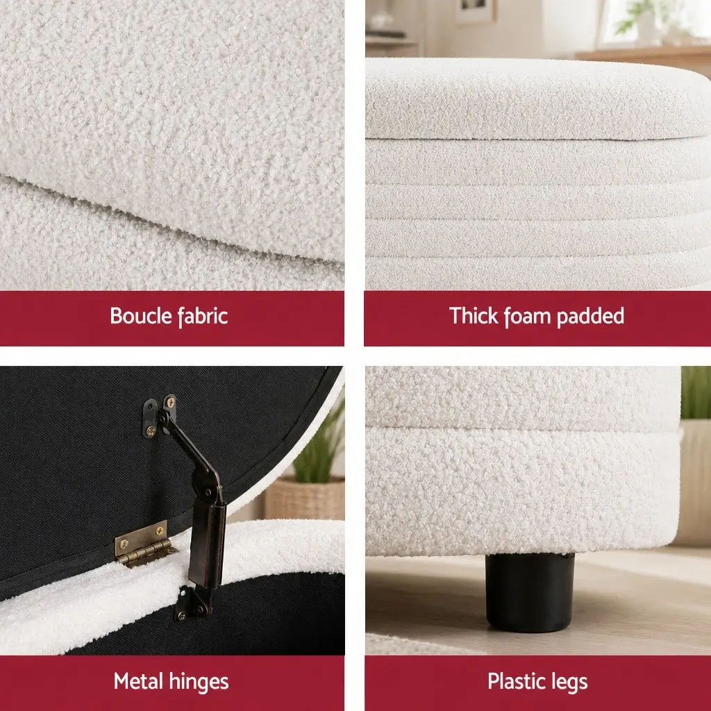 Storage Ottoman Living Room 87cm Oval Boucle Upholstered Hinged Lid Footstool
