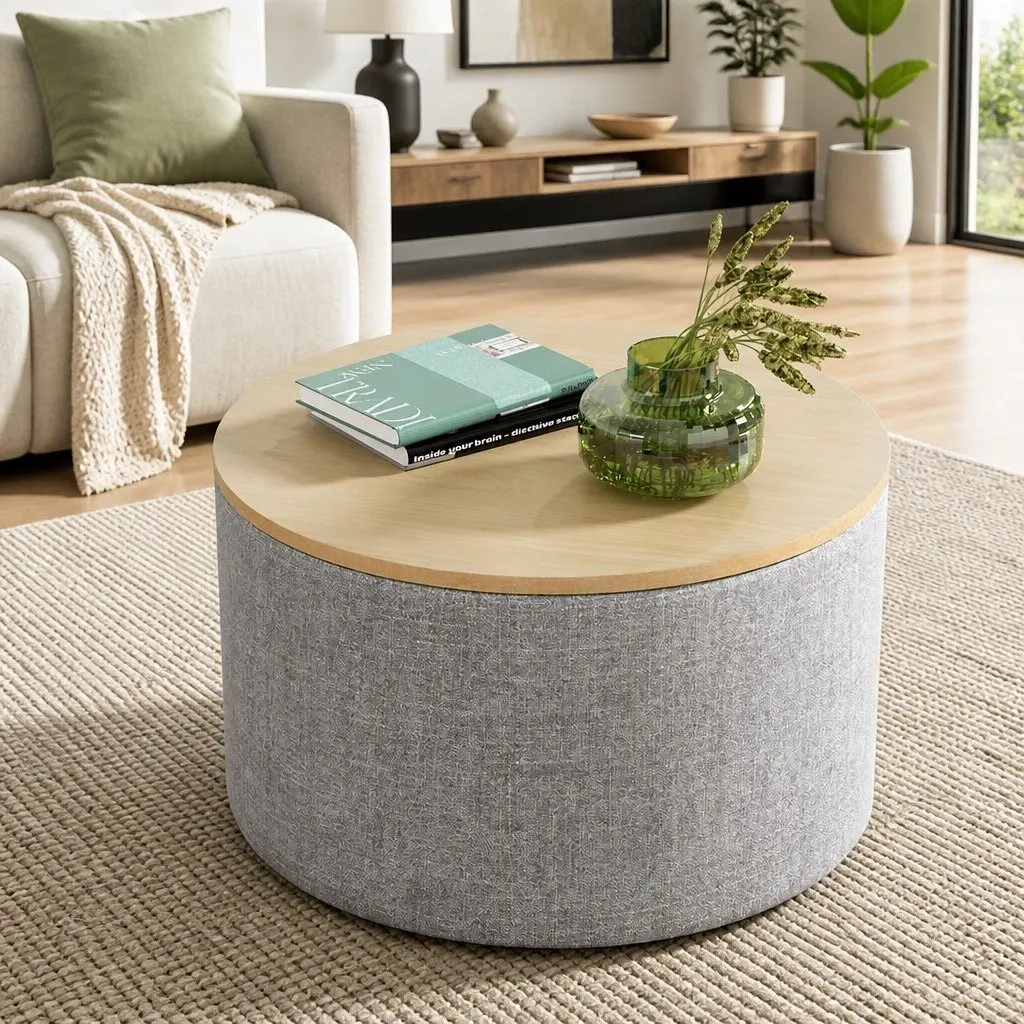 Round Storage Ottoman for Living Room 60cm Faux Linen Upholstered Grey