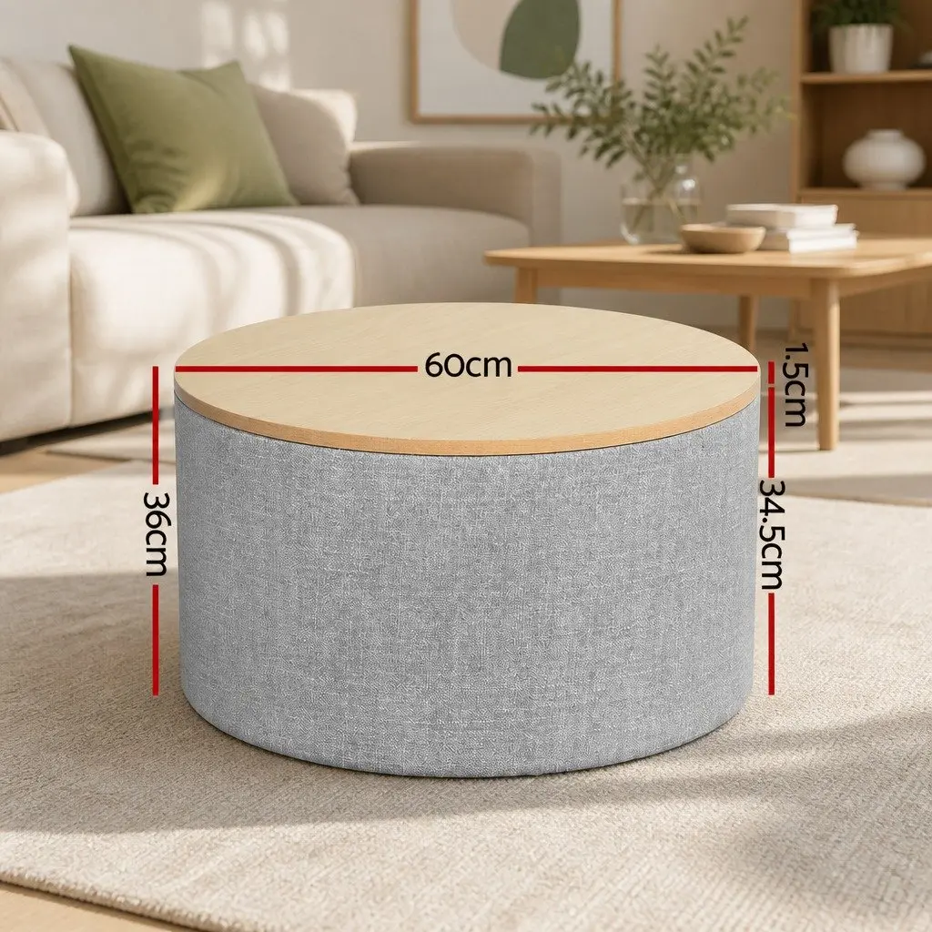 Round Storage Ottoman for Living Room 60cm Faux Linen Upholstered Grey