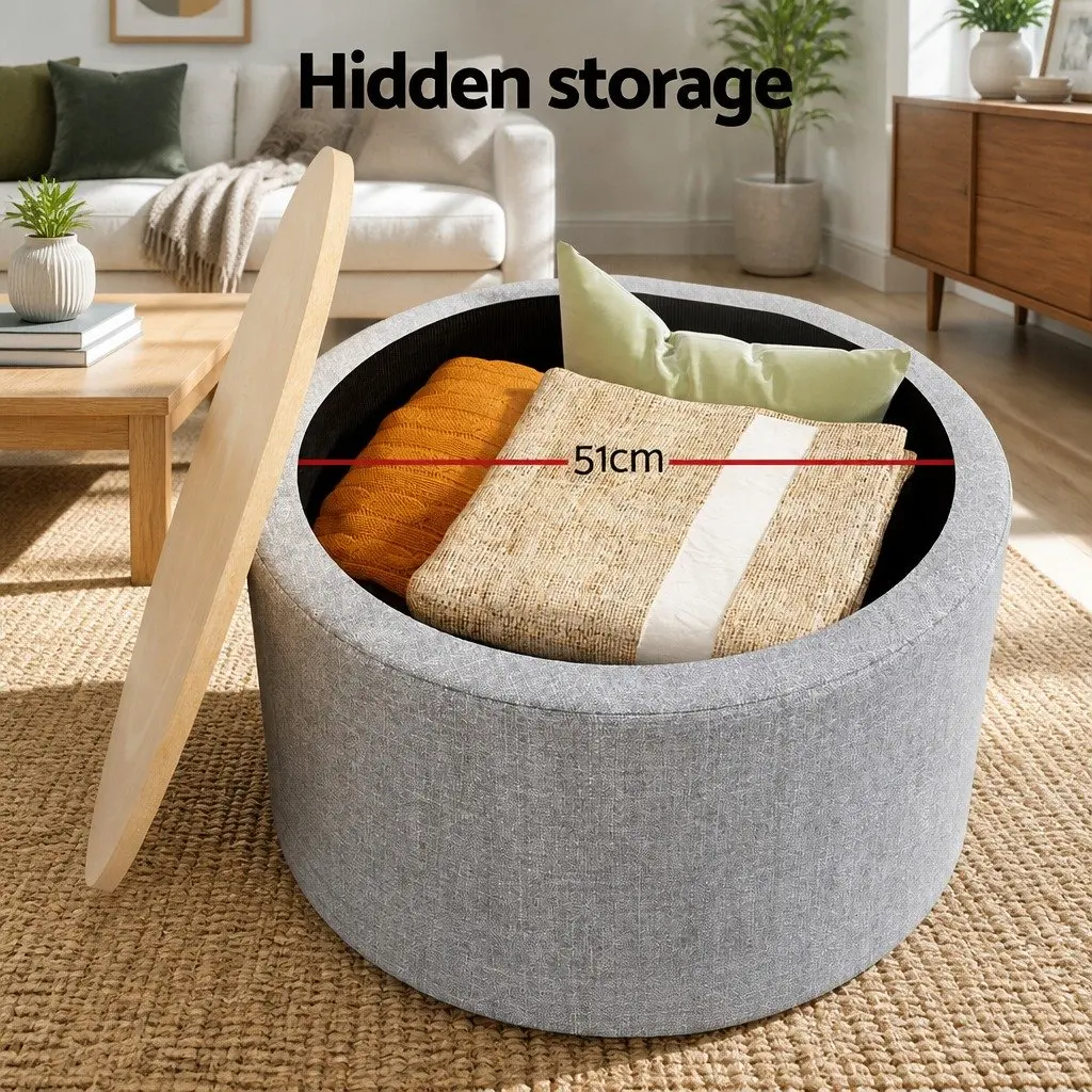 Round Storage Ottoman for Living Room 60cm Faux Linen Upholstered Grey