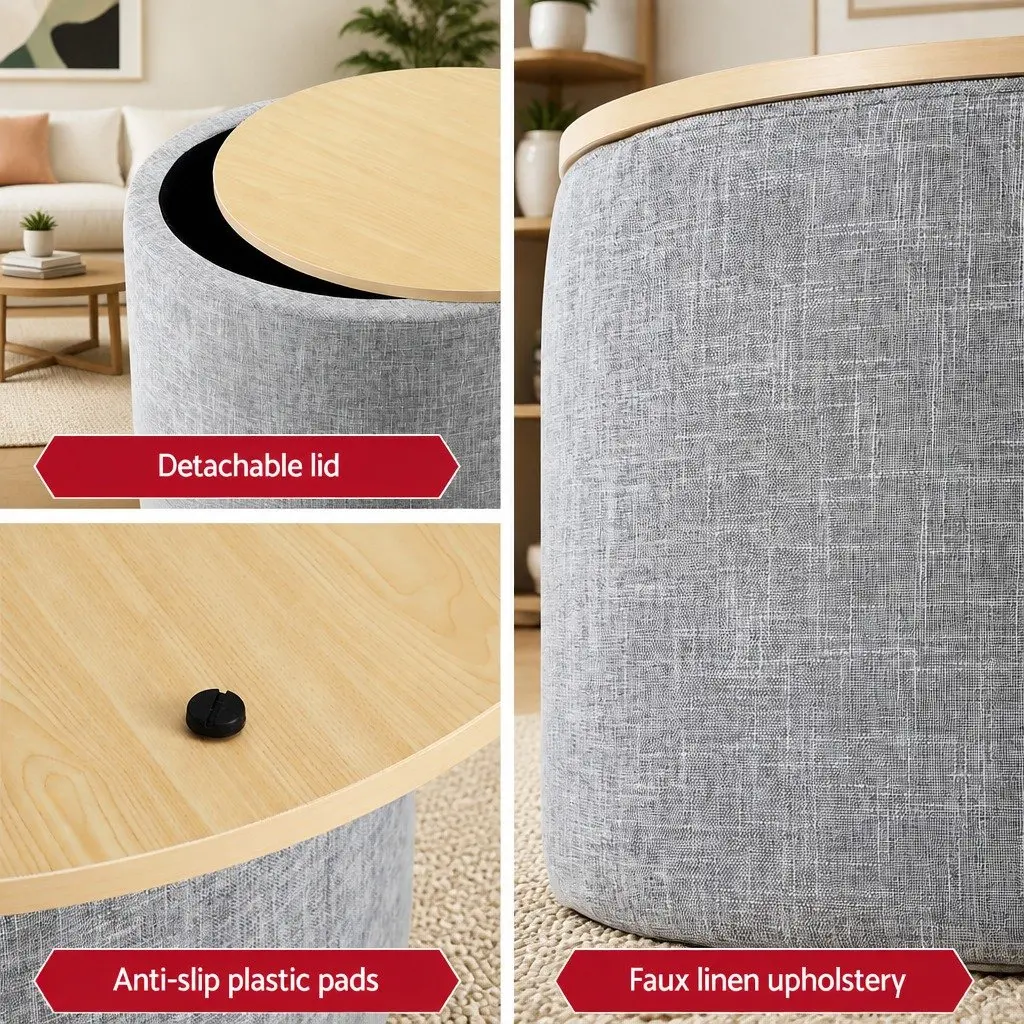 Round Storage Ottoman for Living Room 60cm Faux Linen Upholstered Grey