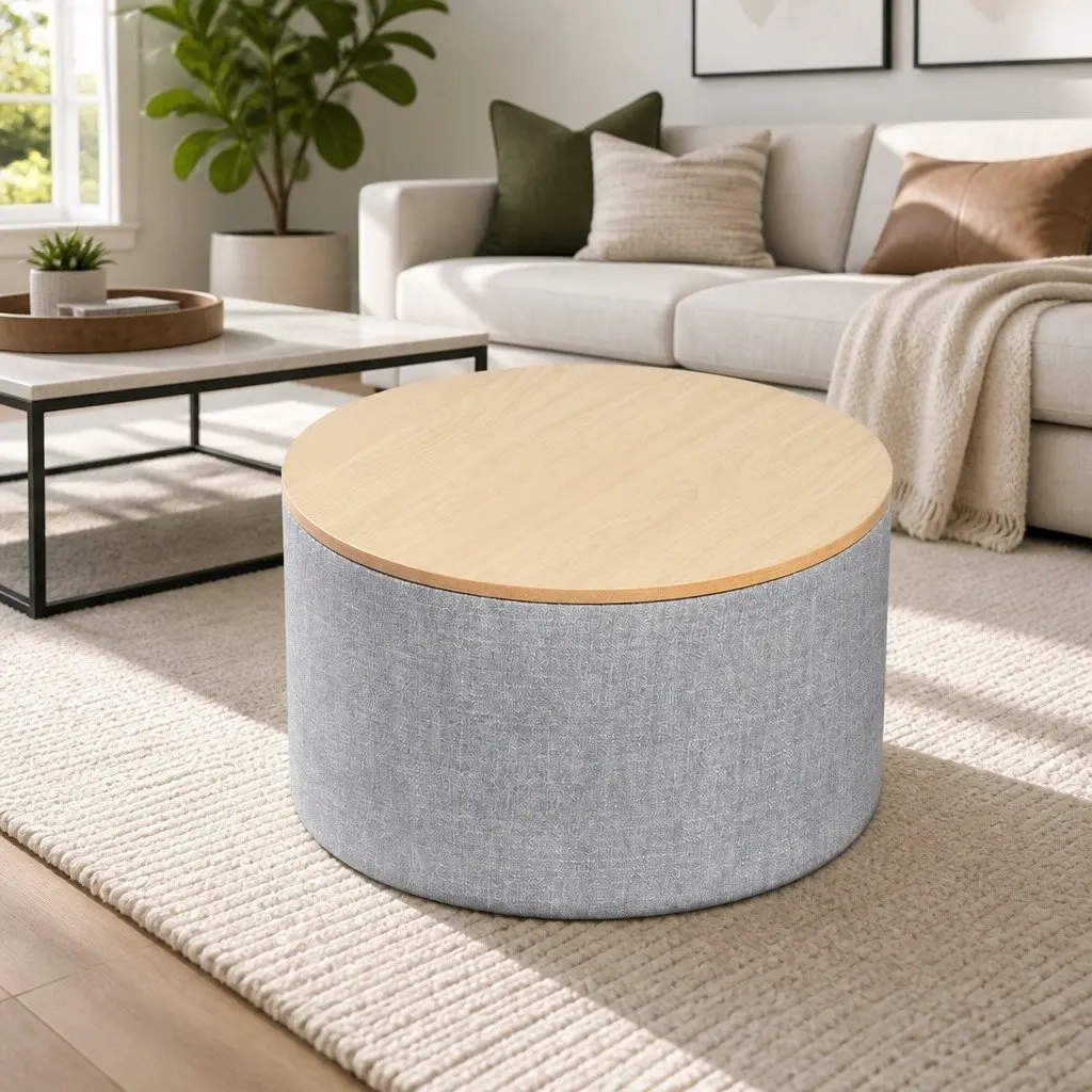 Round Storage Ottoman for Living Room 60cm Faux Linen Upholstered Grey