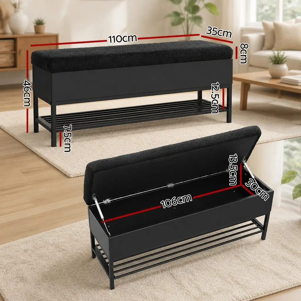 Storage Ottoman Living Room 110cm Boucle Upholstered Bench Black