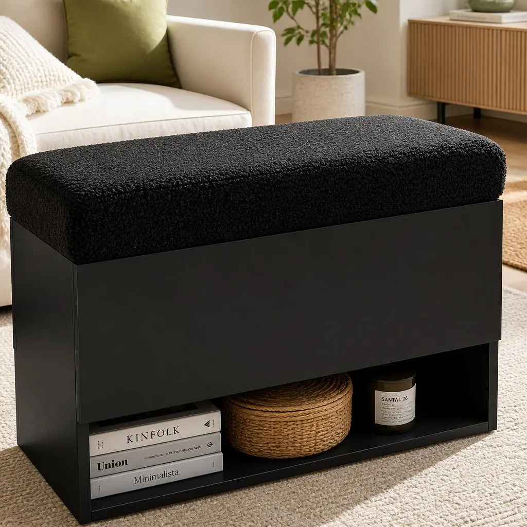Storage Ottoman Living Room 110cm Boucle Upholstered Bench Black