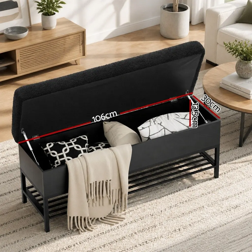 Storage Ottoman Living Room 110cm Boucle Upholstered Bench Black