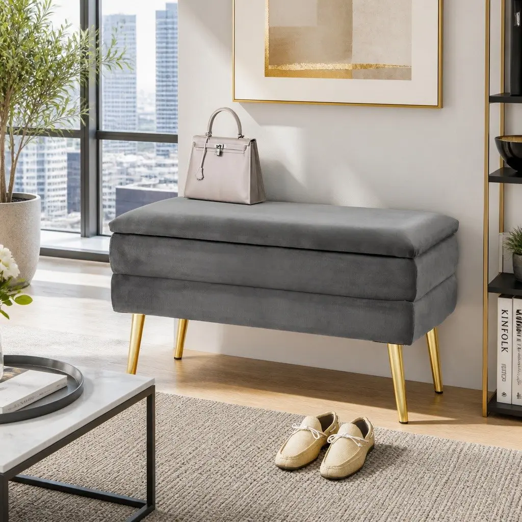 Grey Velvet Storage Footstool Ottoman